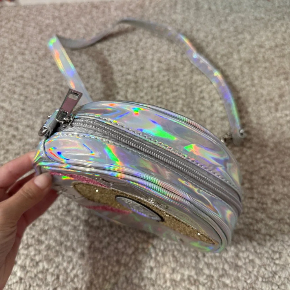 Kids Iridescent Silver Rocket Ship Glitter Crossbody Bag Circle Purse